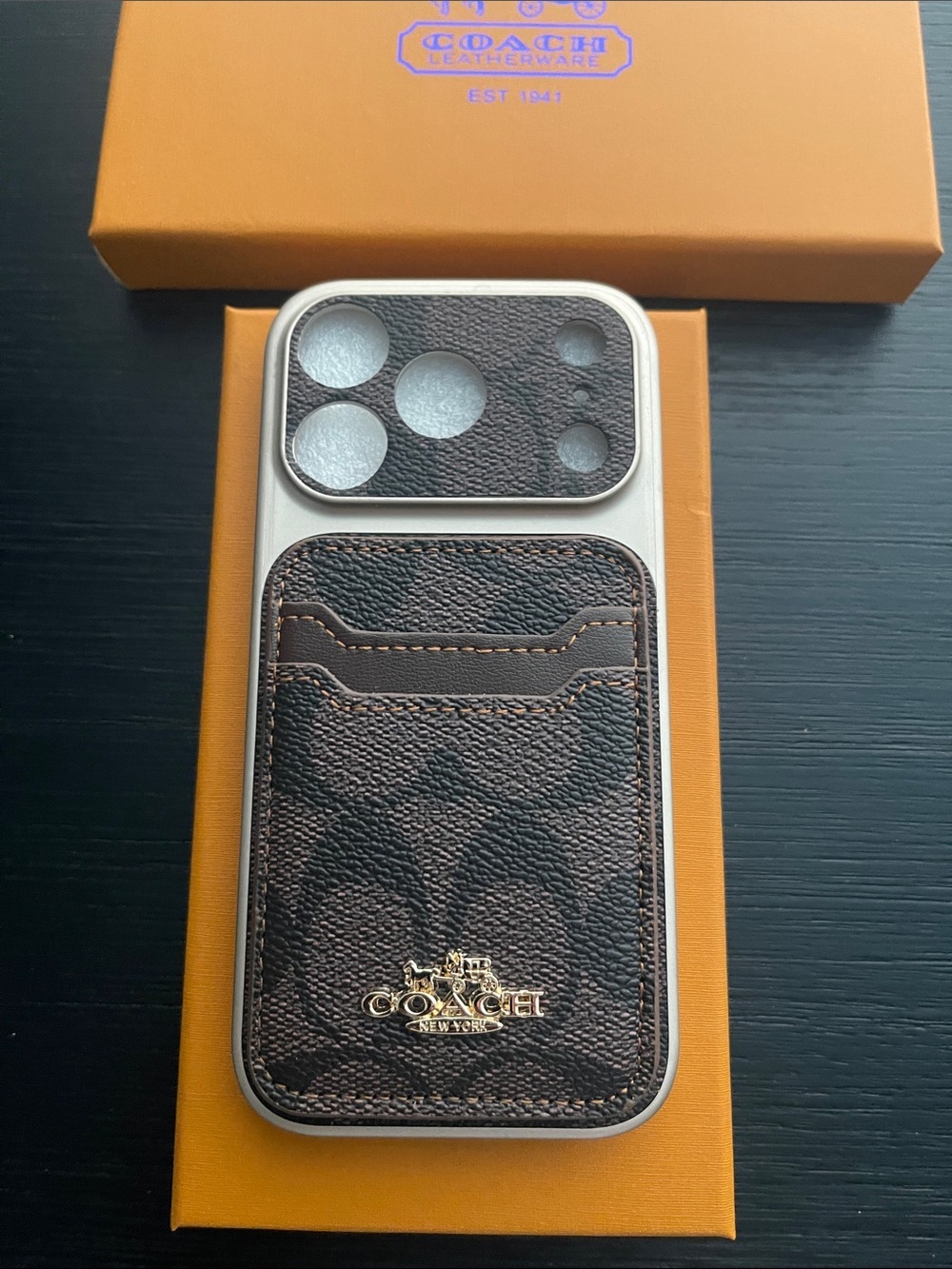 iPhone 17 pro Coach Brown Signature Canvas Card Phone Case with Gold Logo - Picture 3 of 8